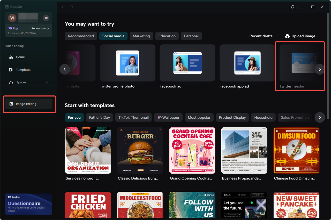 Selecting a Twitter header template in the CapCut desktop video editor