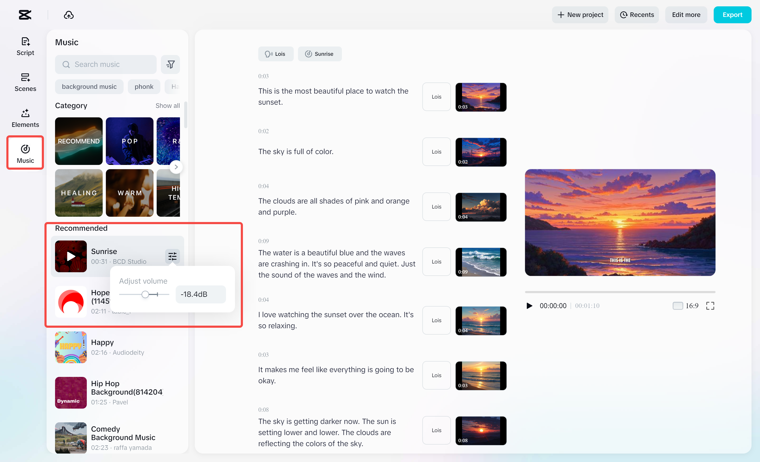 Aggiunta di musica di sottofondo al video in CapCut 's AI video maker