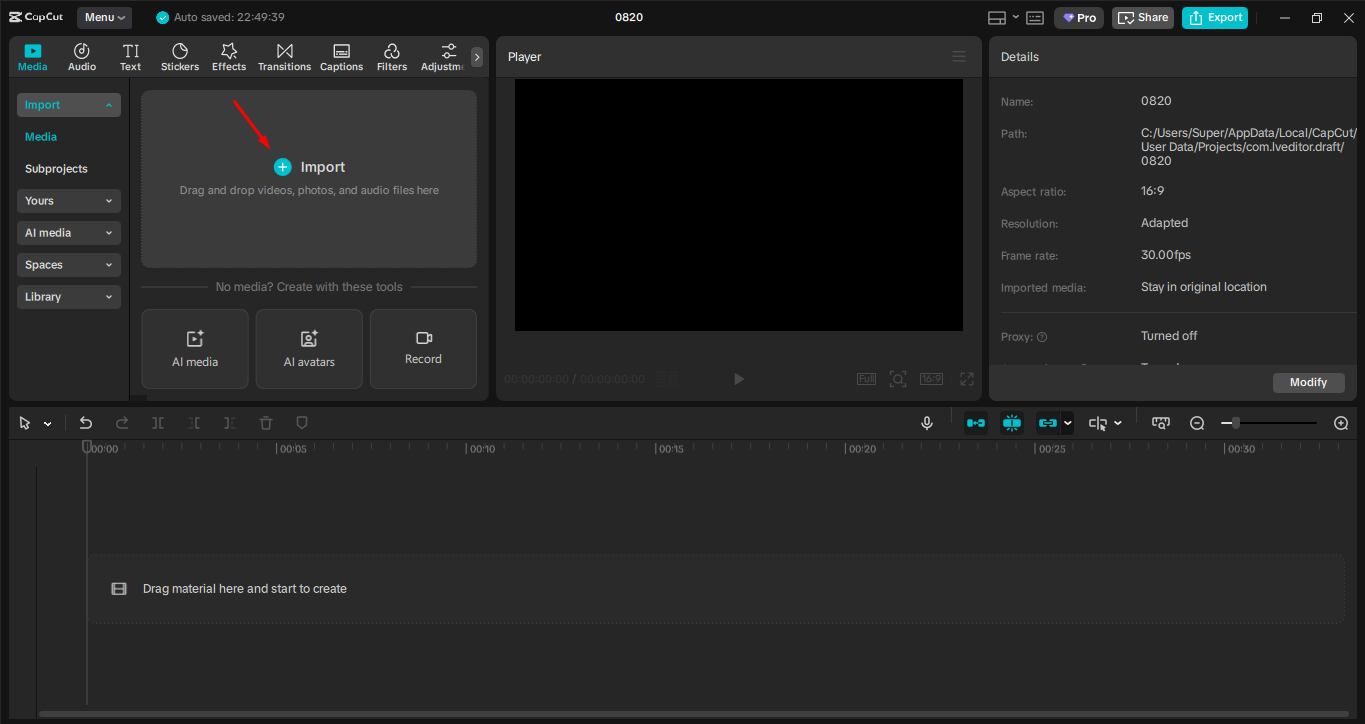 Importing an image in the CapCut desktop video editor
