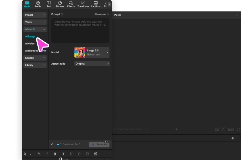 Opening the AI image tool in CapCut's brand name logo generator