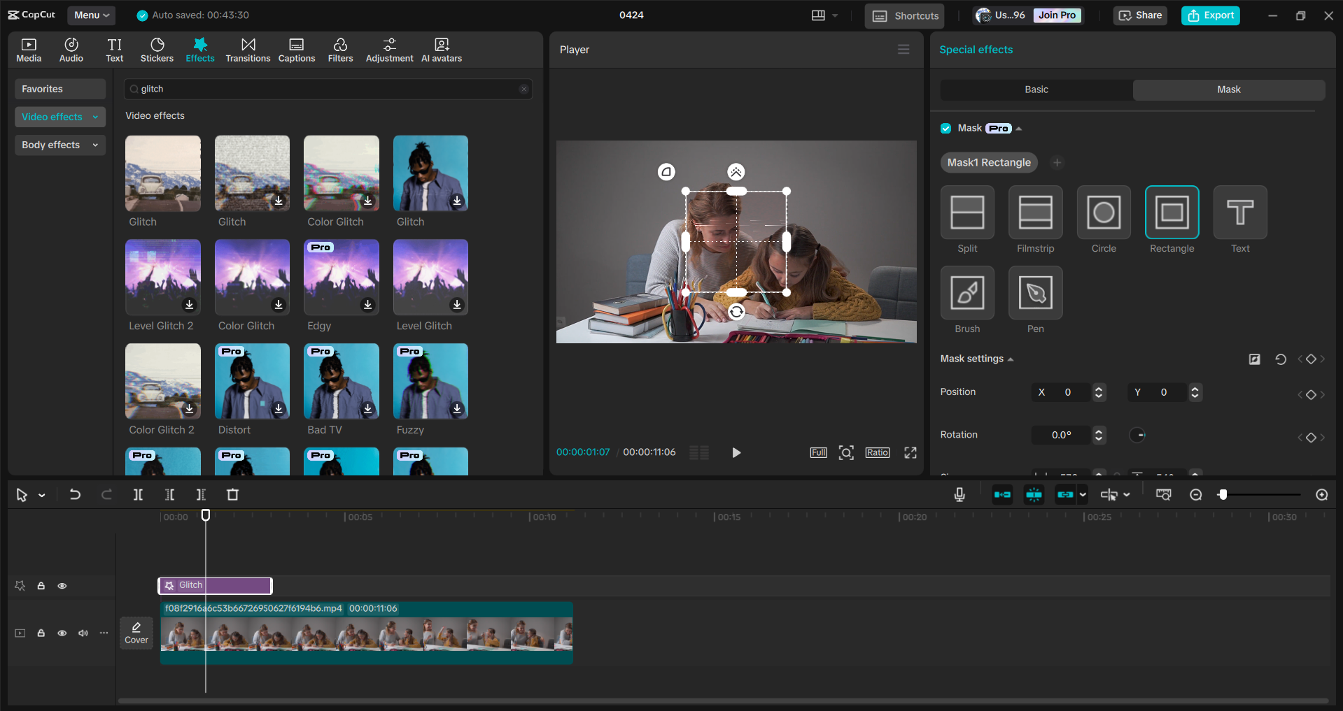 Interfaccia dell' CapCut editor video desktop: un modo più semplice per aggiungere effetti glitch ai video