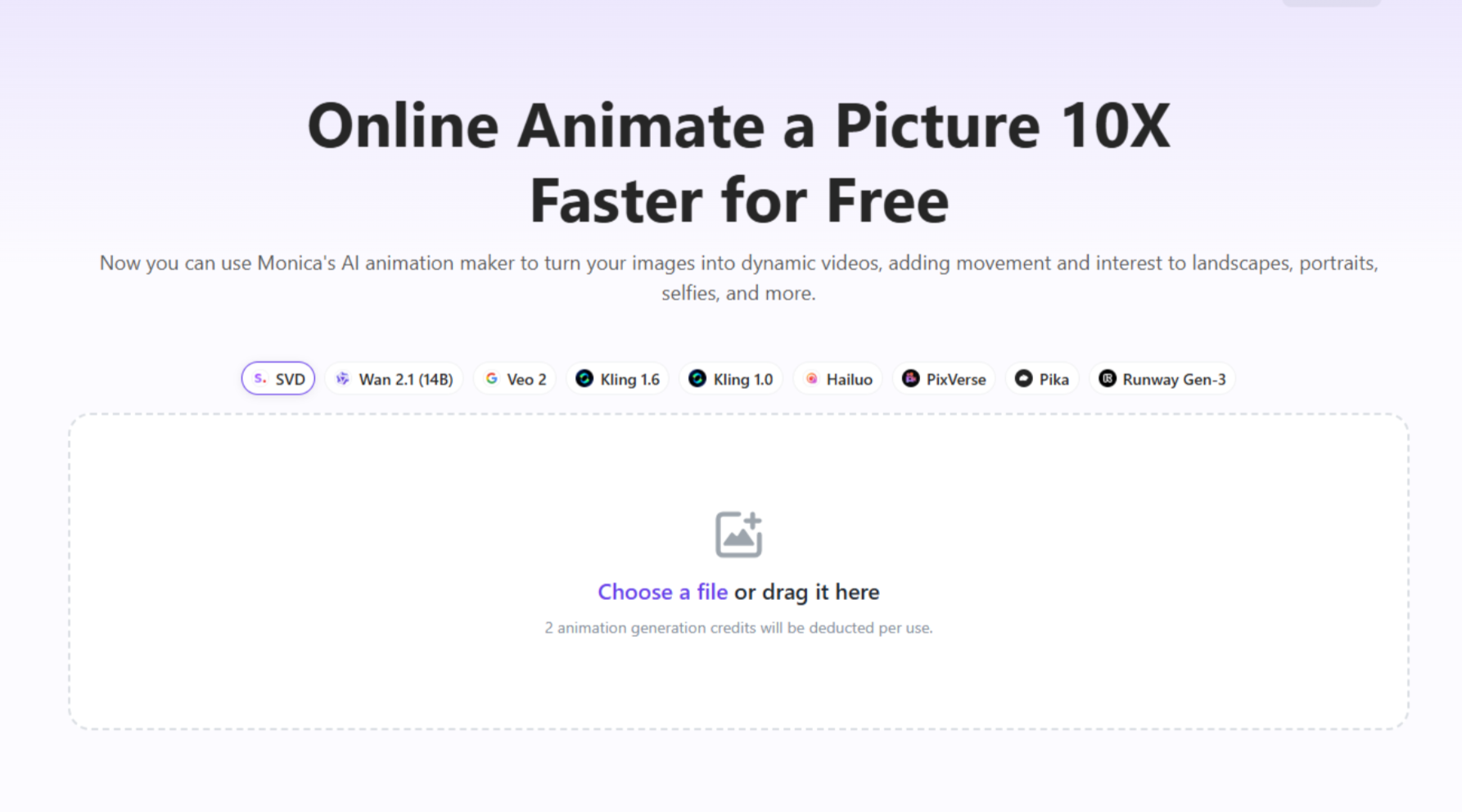 Interface de Monica - un moyen facile d'animer des photos en ligne gratuitement