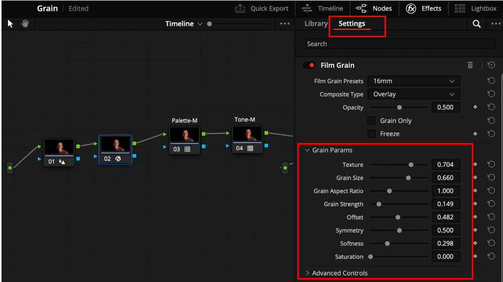 Pinong pag-tune ng mga parameter ng butil sa DaVinci Resolve