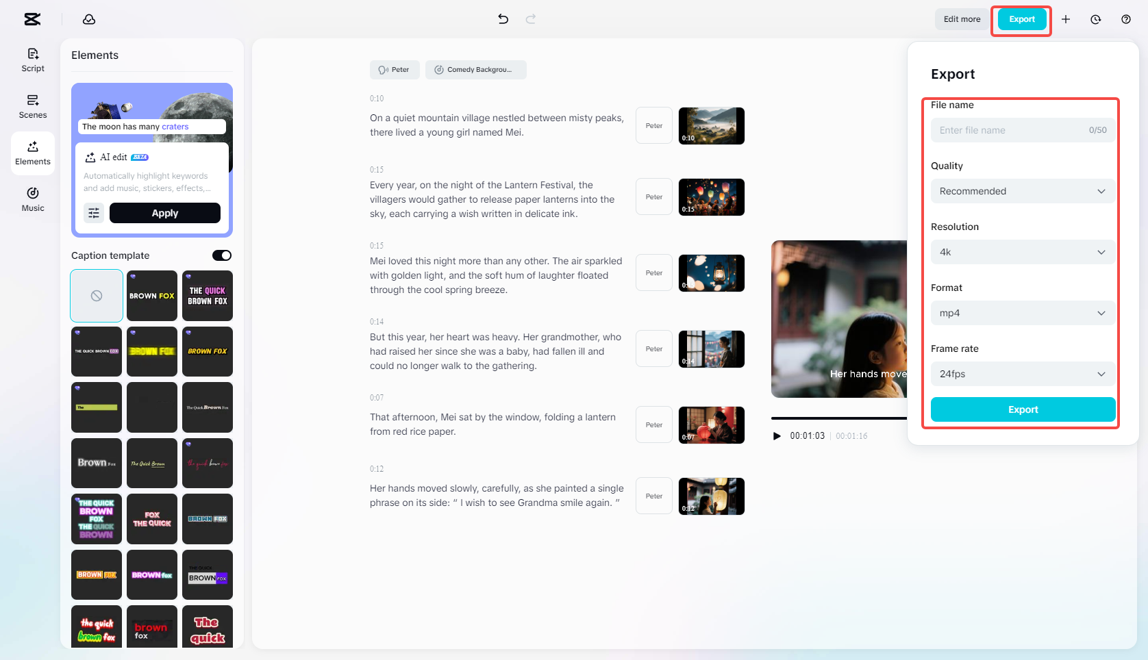 Exporting the video in CapCut