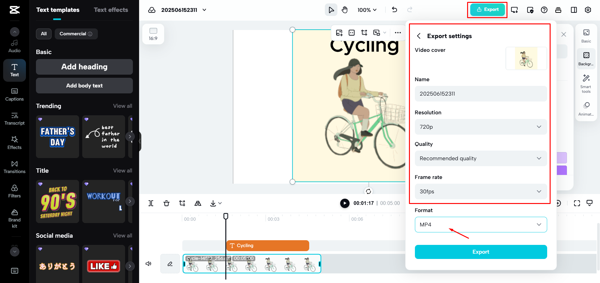 Exportar um GIF como vídeo de CapCut Web