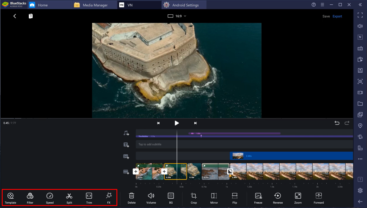 Editing a video with the VN video editor