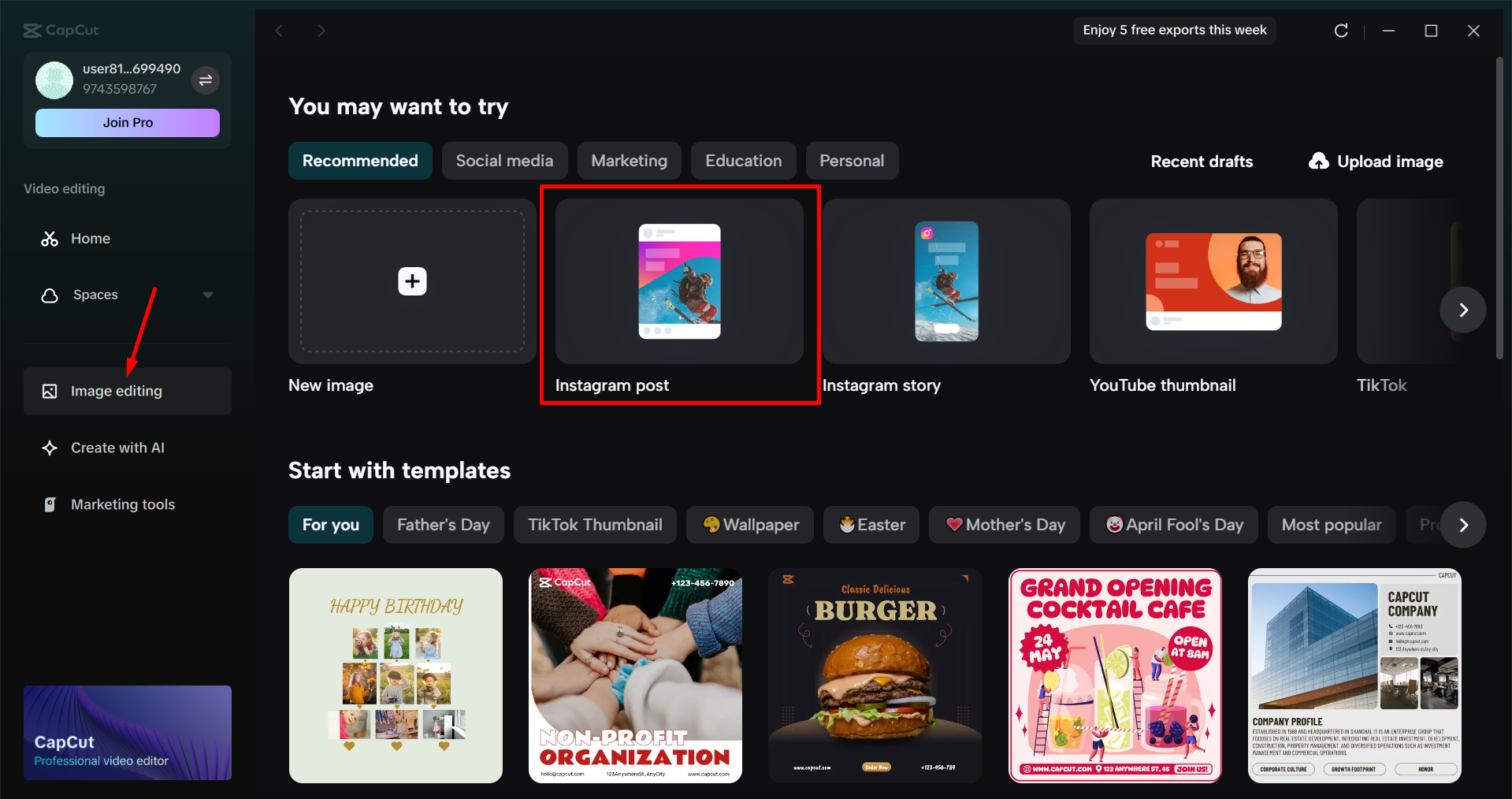 Choosing an Instagram post in the CapCut desktop video editor