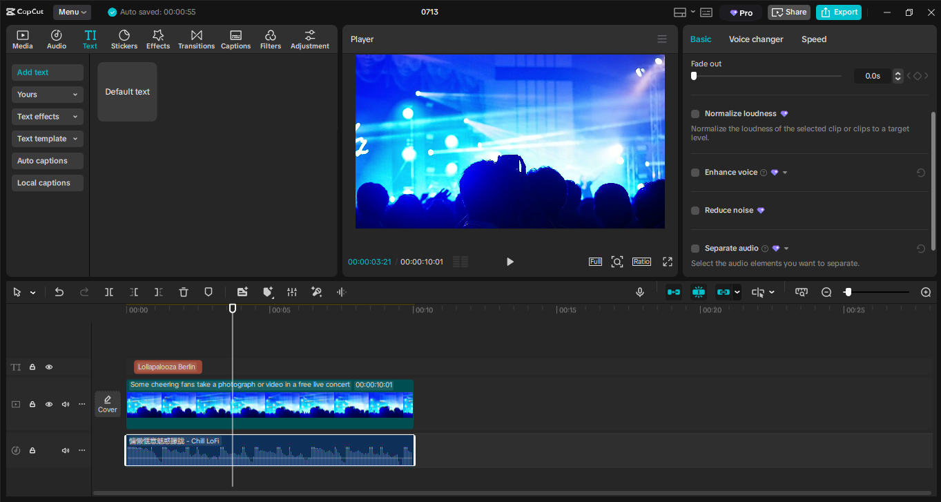Gränssnittet för CapCut desktop video editor – det bästa verktyget för att omvandla populära sommarens musikfestivaler till videor