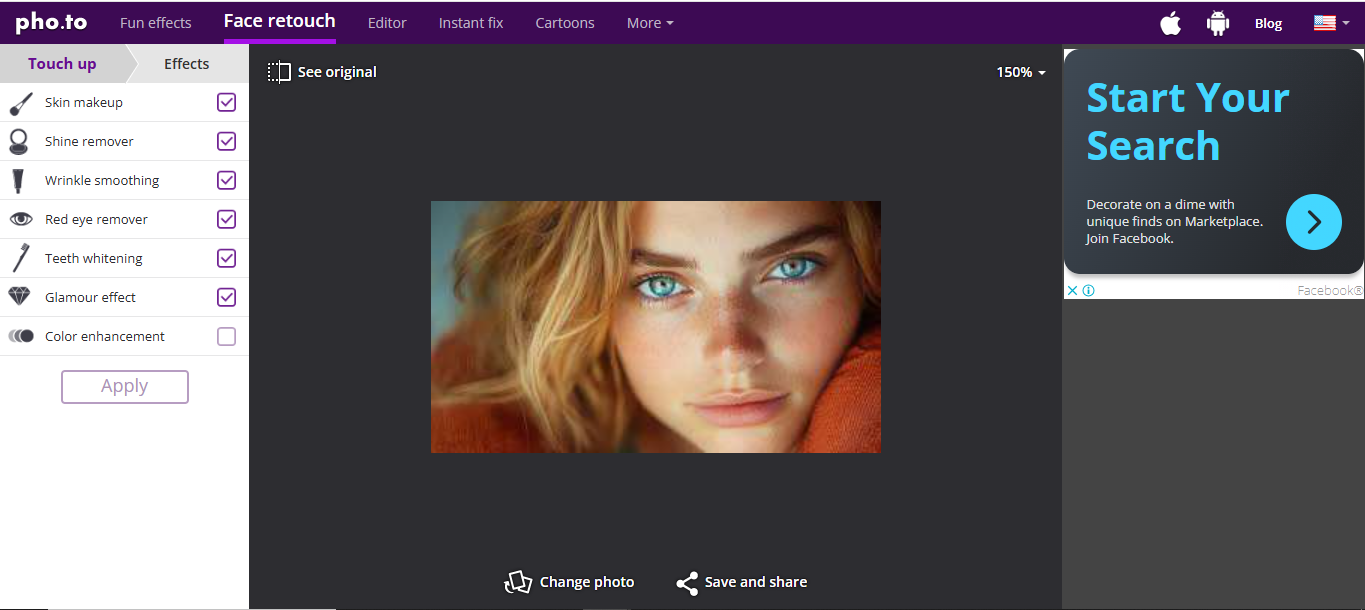 Interface de Visage Lab - un éditeur de photos et un nettoyant pour le visage efficaces