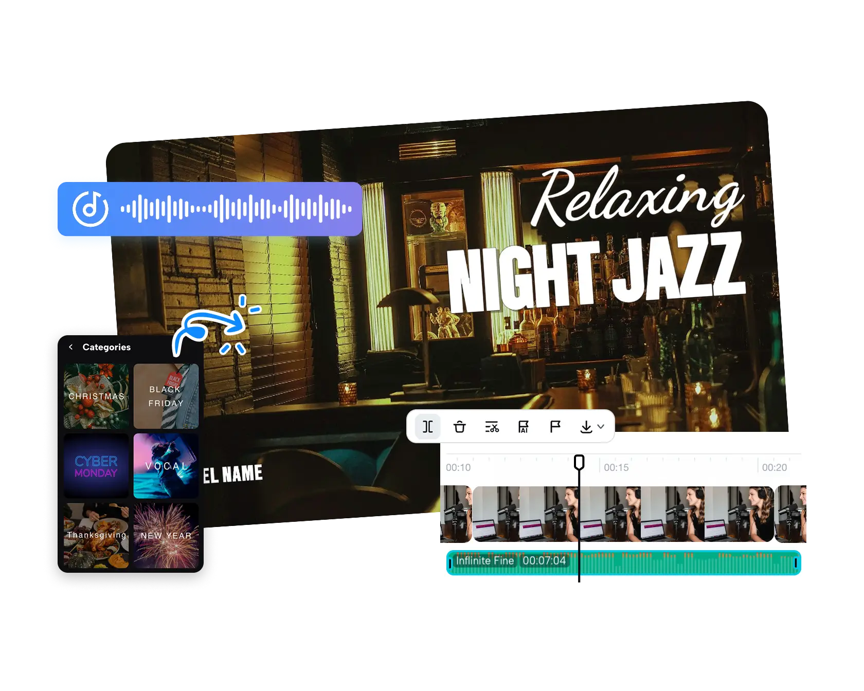 A futuristic holographic interface for video editing, showing a gallery of music video templates and audio waveforms.