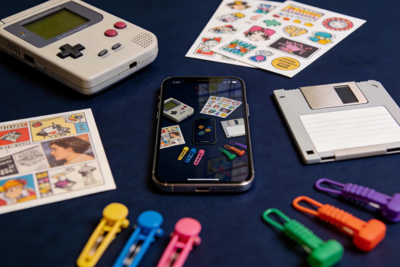 Smartphone surrounded by retro game, floppy disk, and sticker designs on a blue background