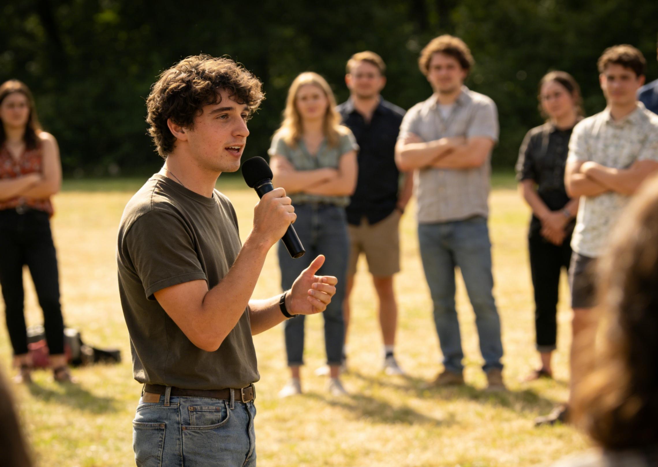 Generate an audio clip of a young man delivering an outdoor speech, confident and clear voice