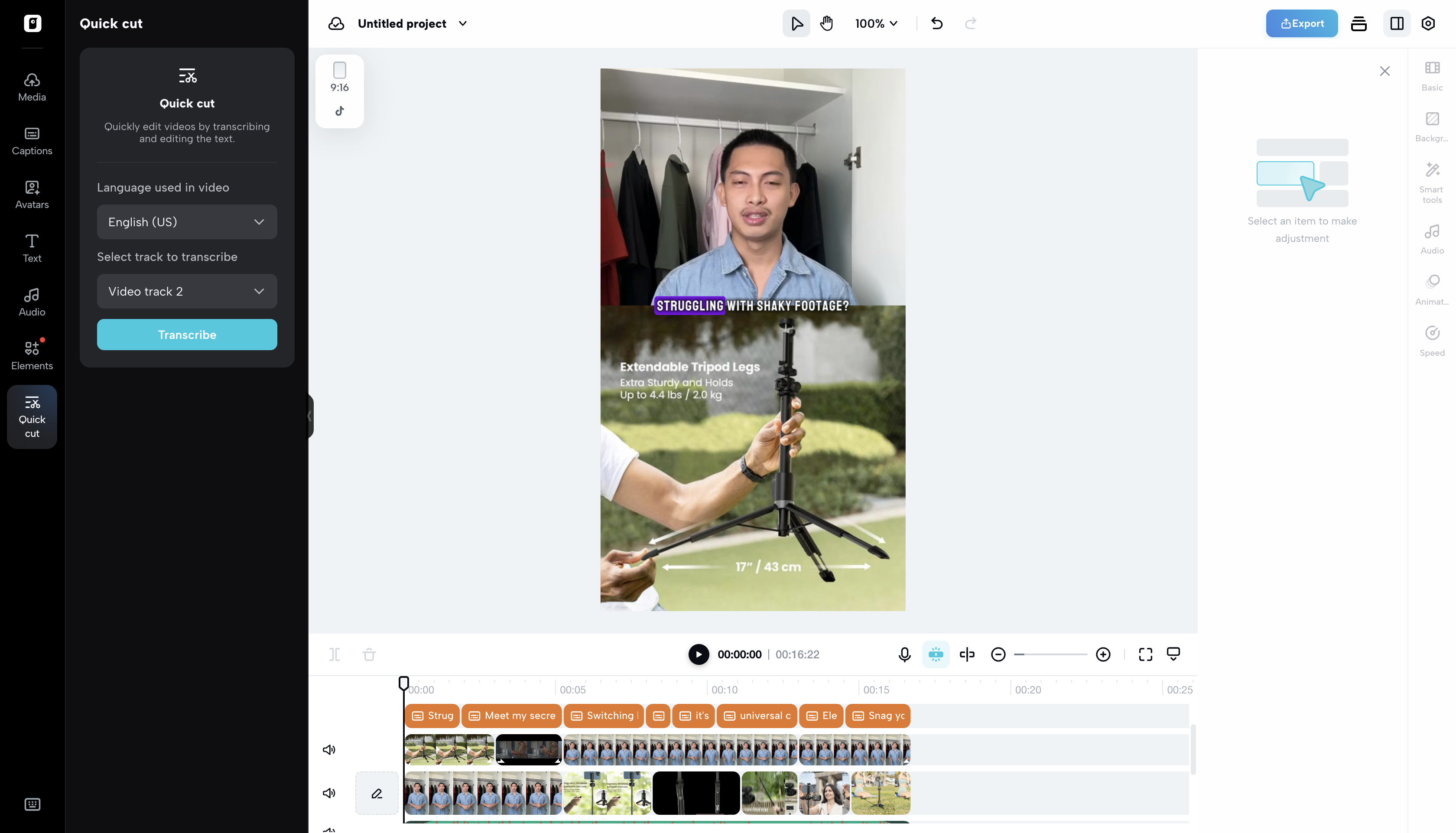 Pippit AI's "Quick cut" tool