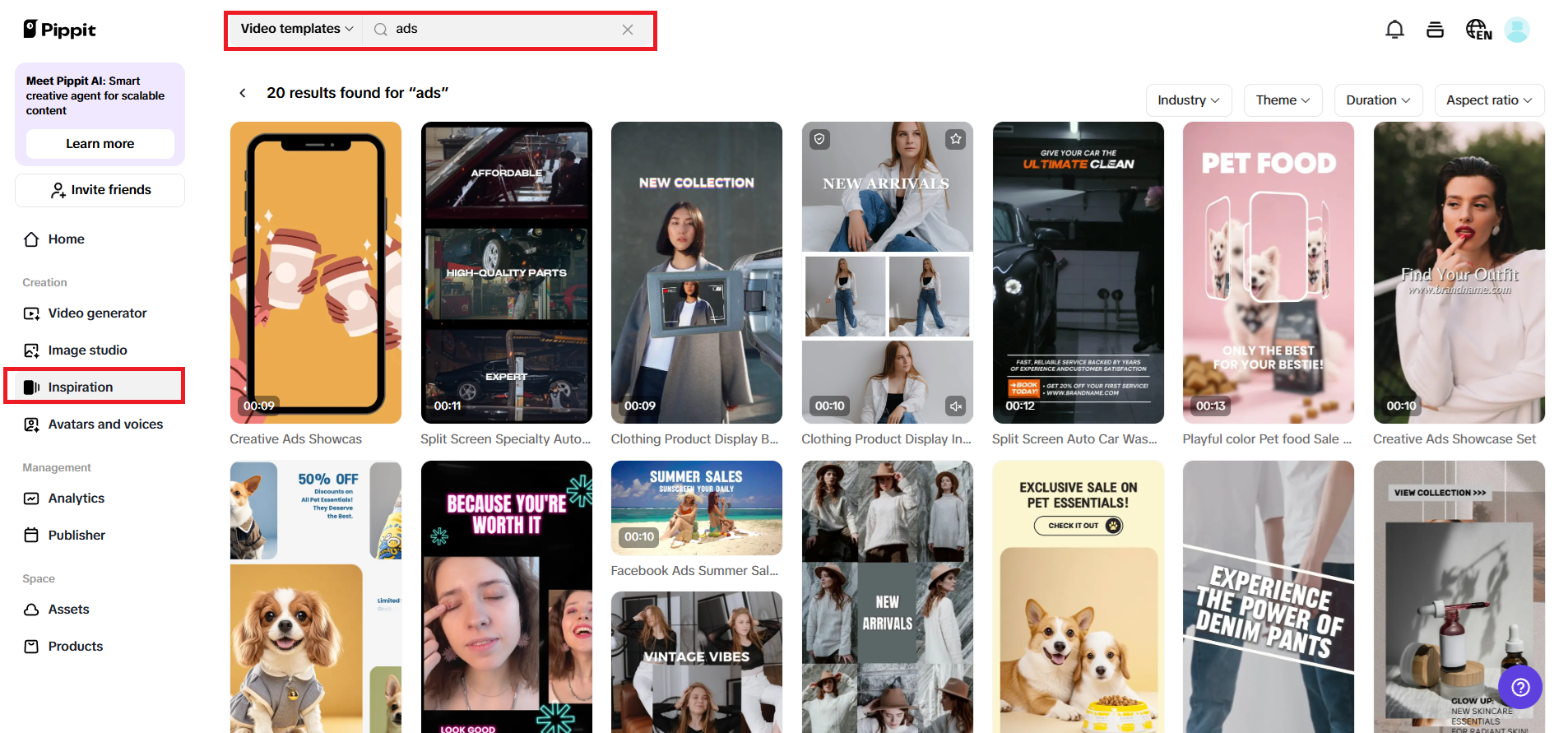 Choose template from inspiration