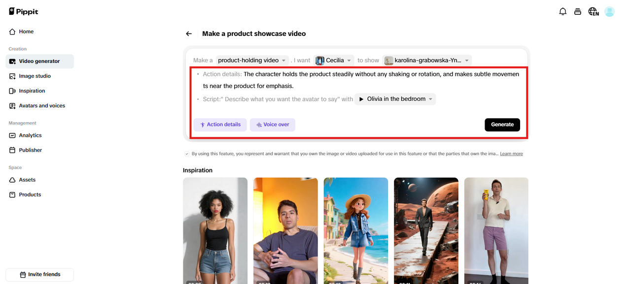 Enter action details, add a voiceover