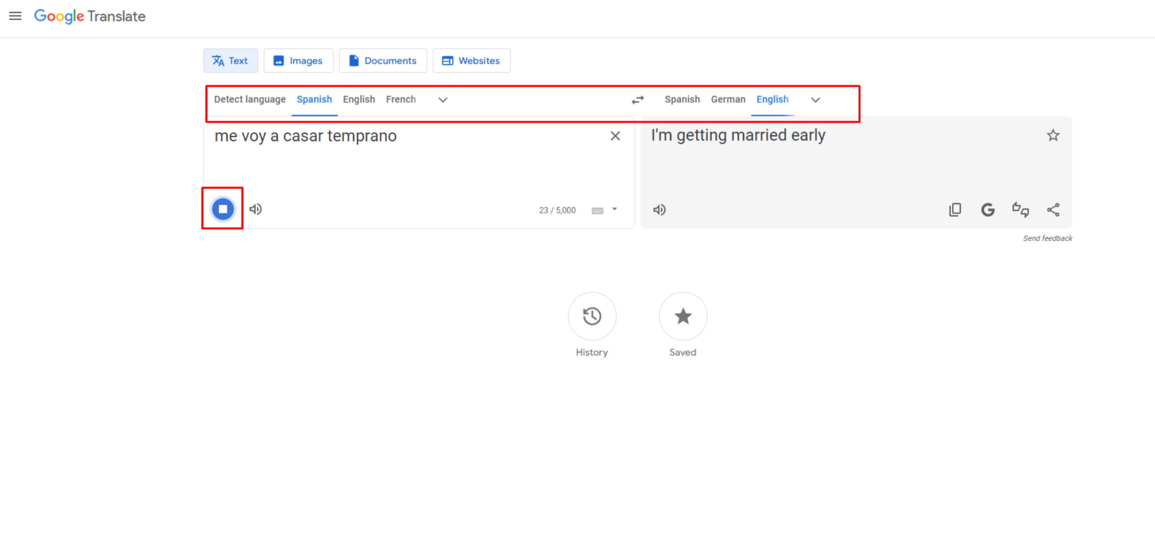 Convertendo fala em espanhol para texto em inglês com o Google Tradutor