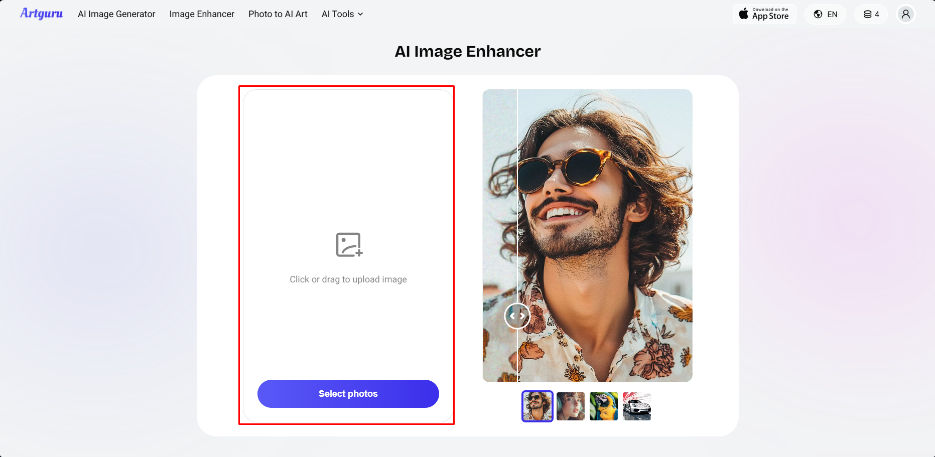 Mengunggah gambar ke penambah foto ArtGuru AI