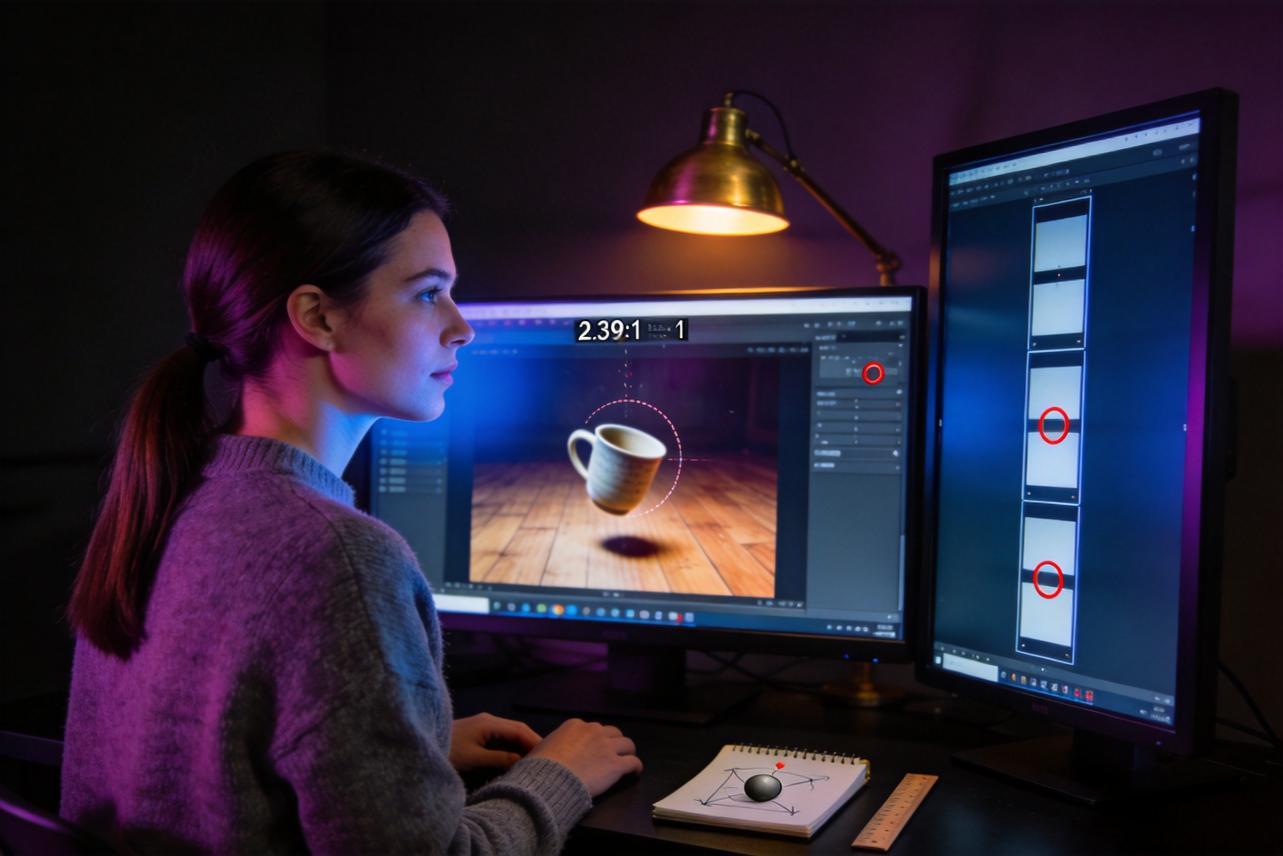Woman editing a 3D cup scene on dual monitors in a dimly lit workspace