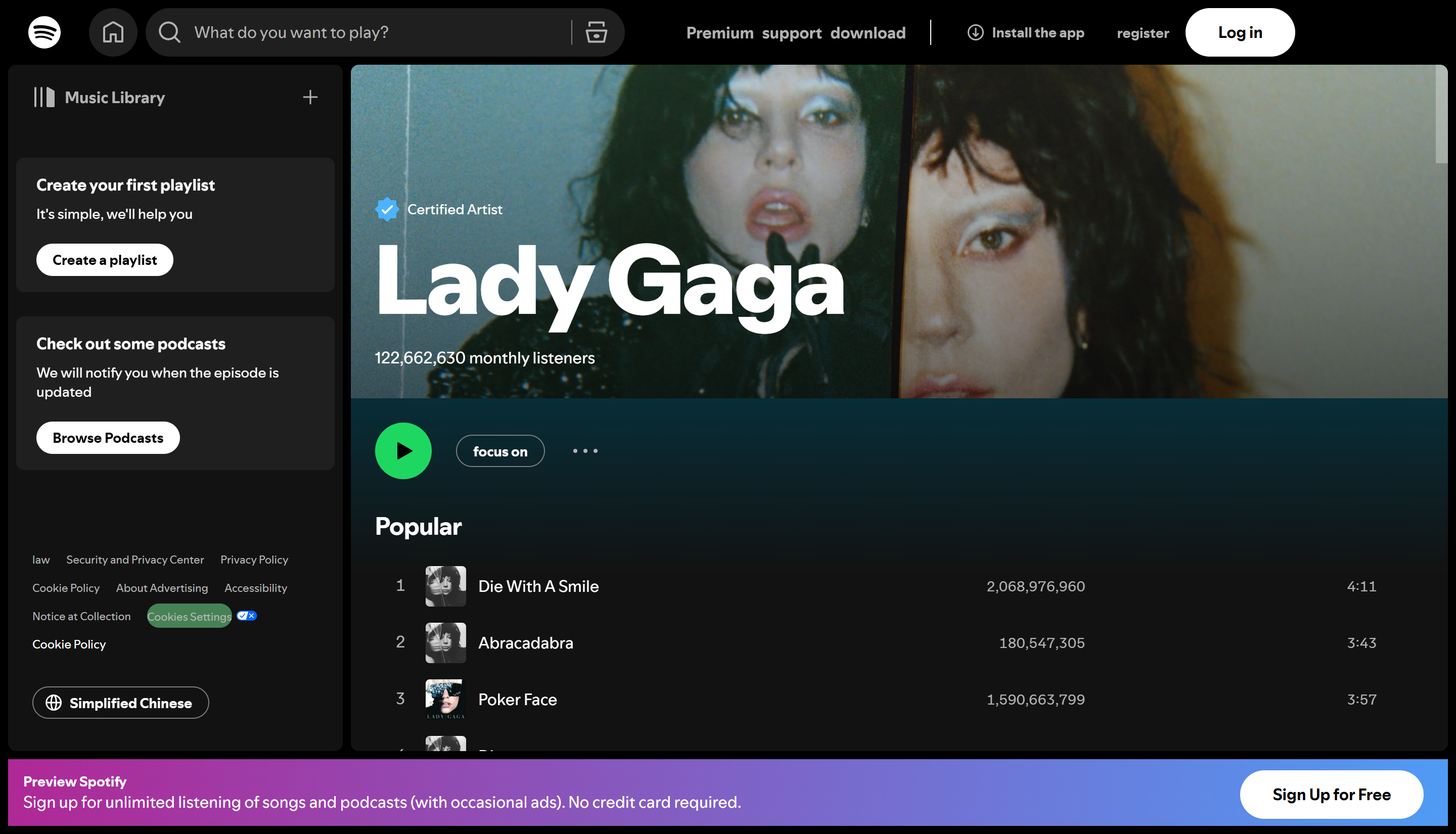 Lady Gaga - eine der Top 5 der meistgehörten Künstlerinnen auf Spotify