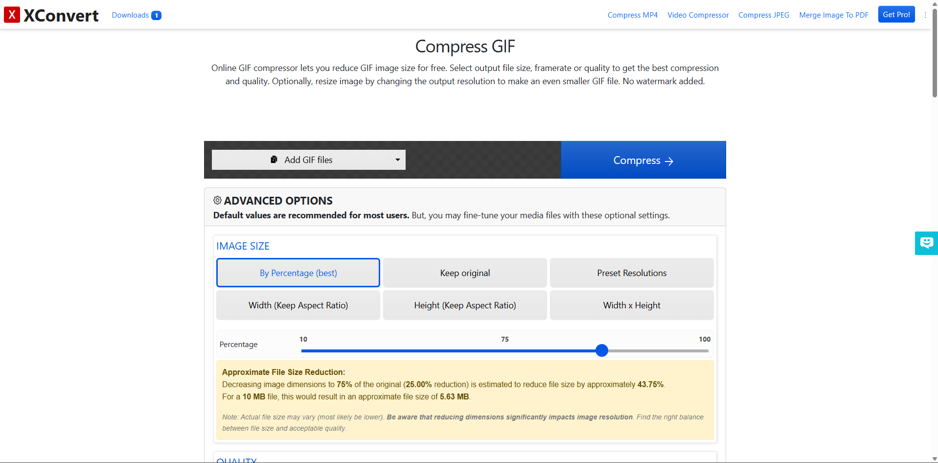 Interface van XConvert - een zeer toegankelijk hulpmiddel om de MB-grootte van een GIF te wijzigen