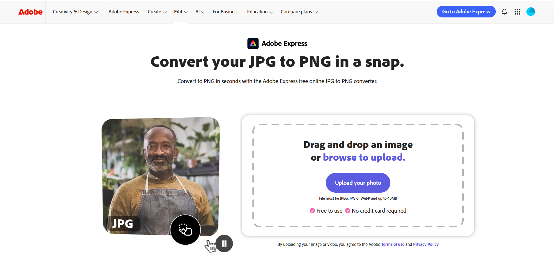 La interfaz de Adobe: un valioso conversor en línea de JPEG a PNG.