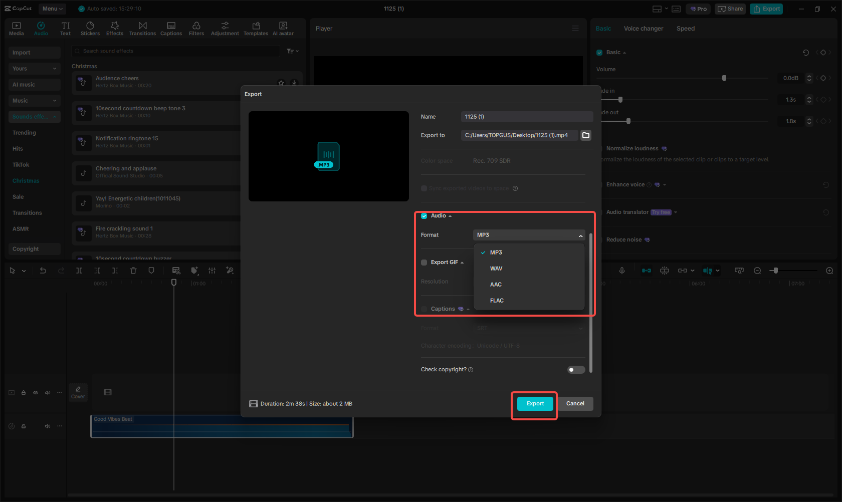 Export the music file from CapCut