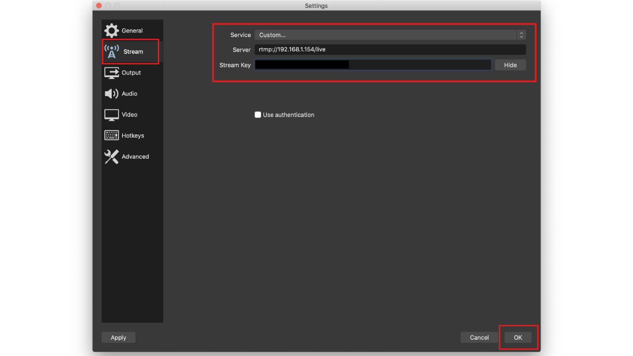 Setup stream key in OBS