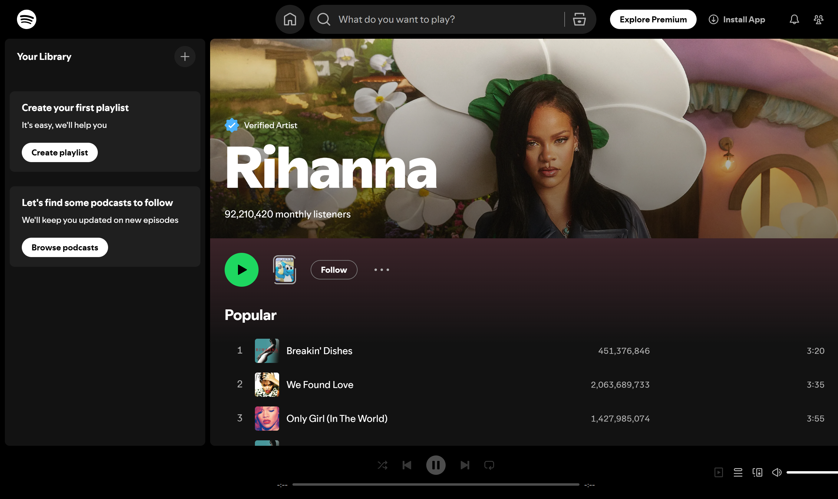 Rihanna—most listened-to Spotify artist, known for versatile music.