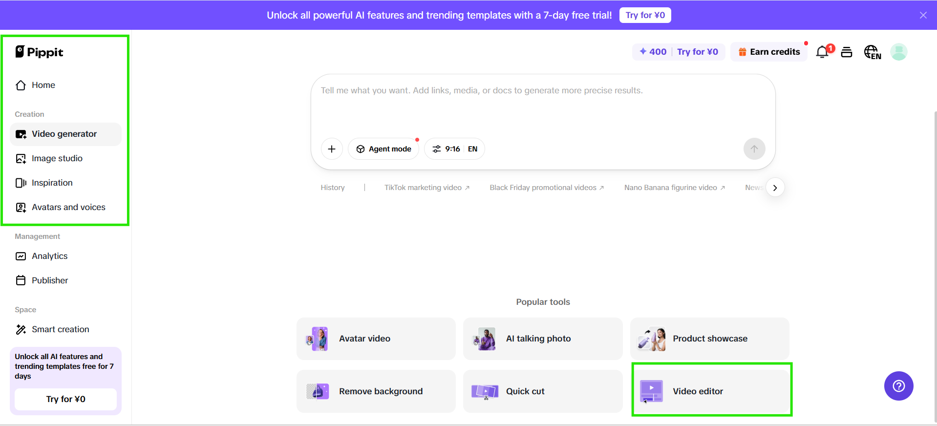 Pippit AI video düzenleyicisini aç