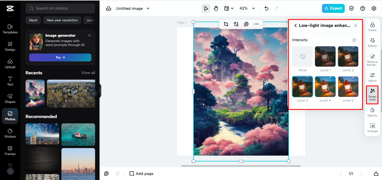 CapCut low-light zvýrazňovač rozhraní screenshot