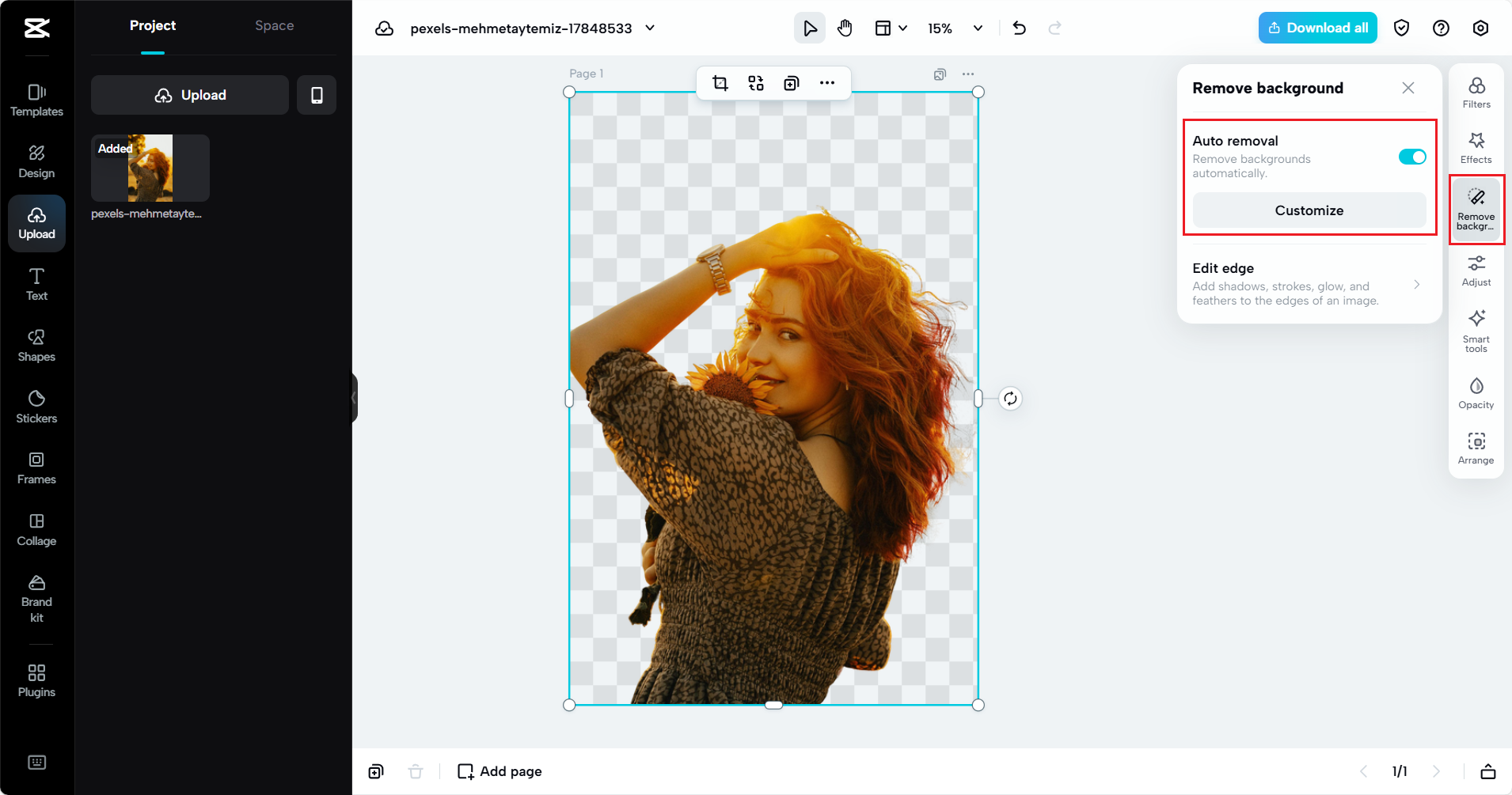 Select CapCut Web's "Remove background" feature