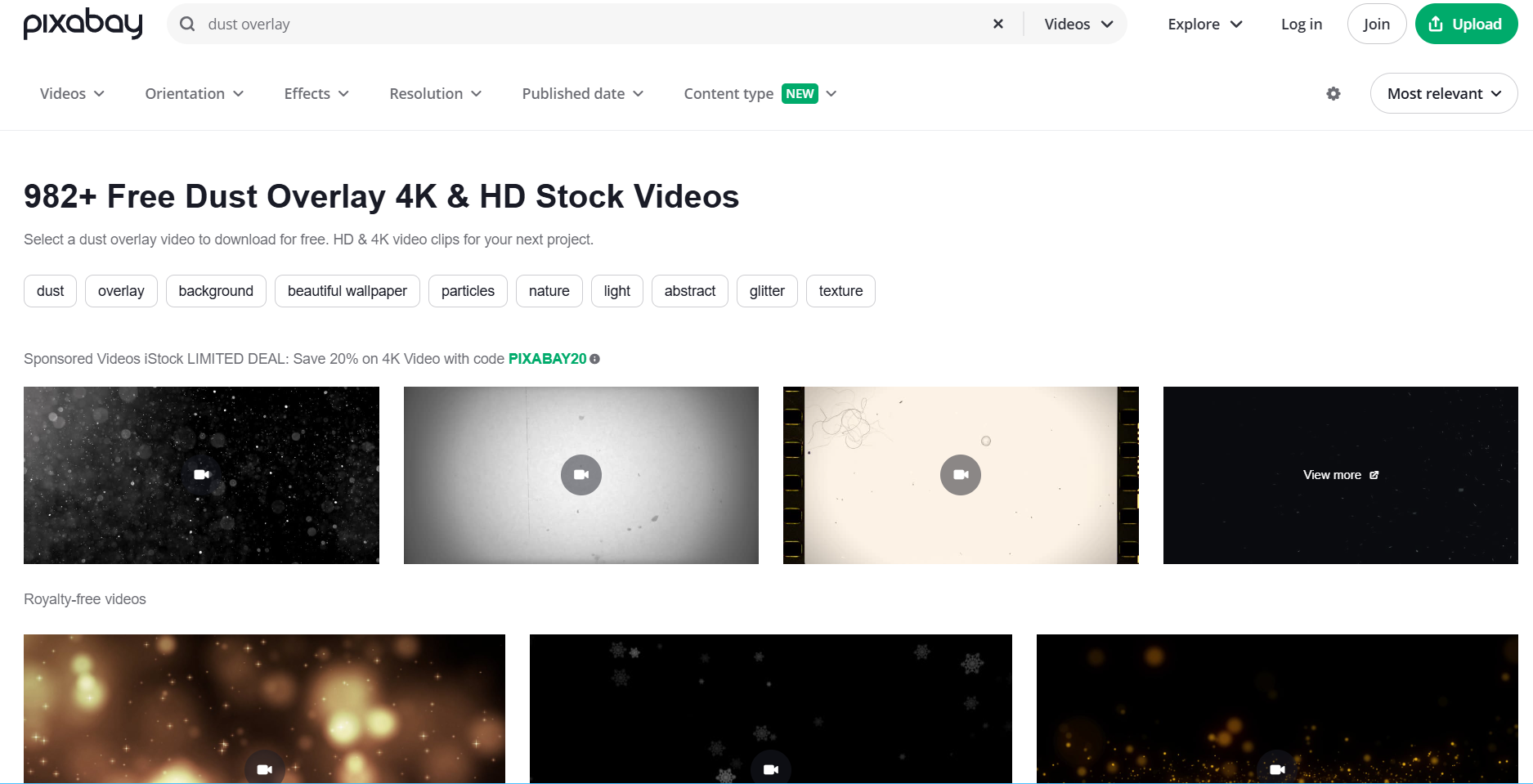 Pixabayは無料で高品質のフィルムダストオーバーレイビデオを提供しています