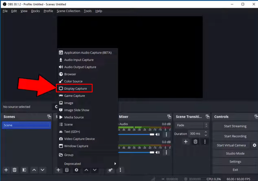 Pagdaragdag ng display capture sa OBS recording studio