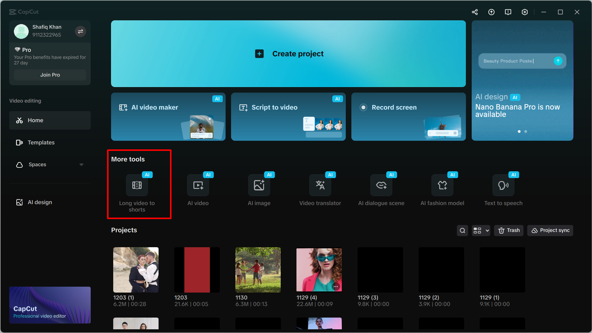 Accessing the long video to shorts tool in CapCut