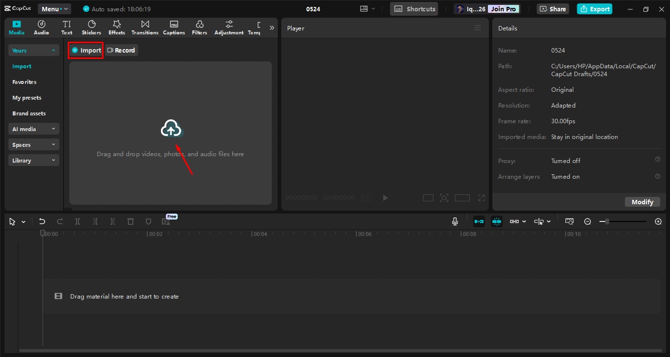 Caricare un'immagine nell' CapCut editor video desktop