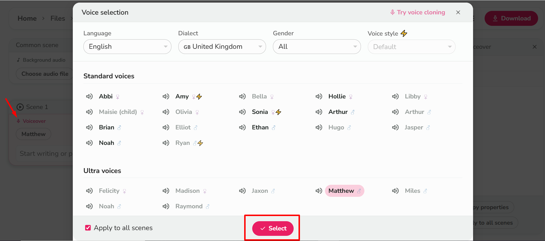 Choosing the voice in the Fliki text-to-speech