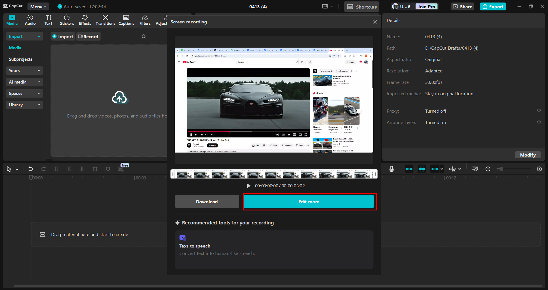 Recording a screen with the CapCut desktop video editor