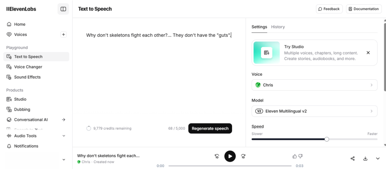 ElevenLabs' interface