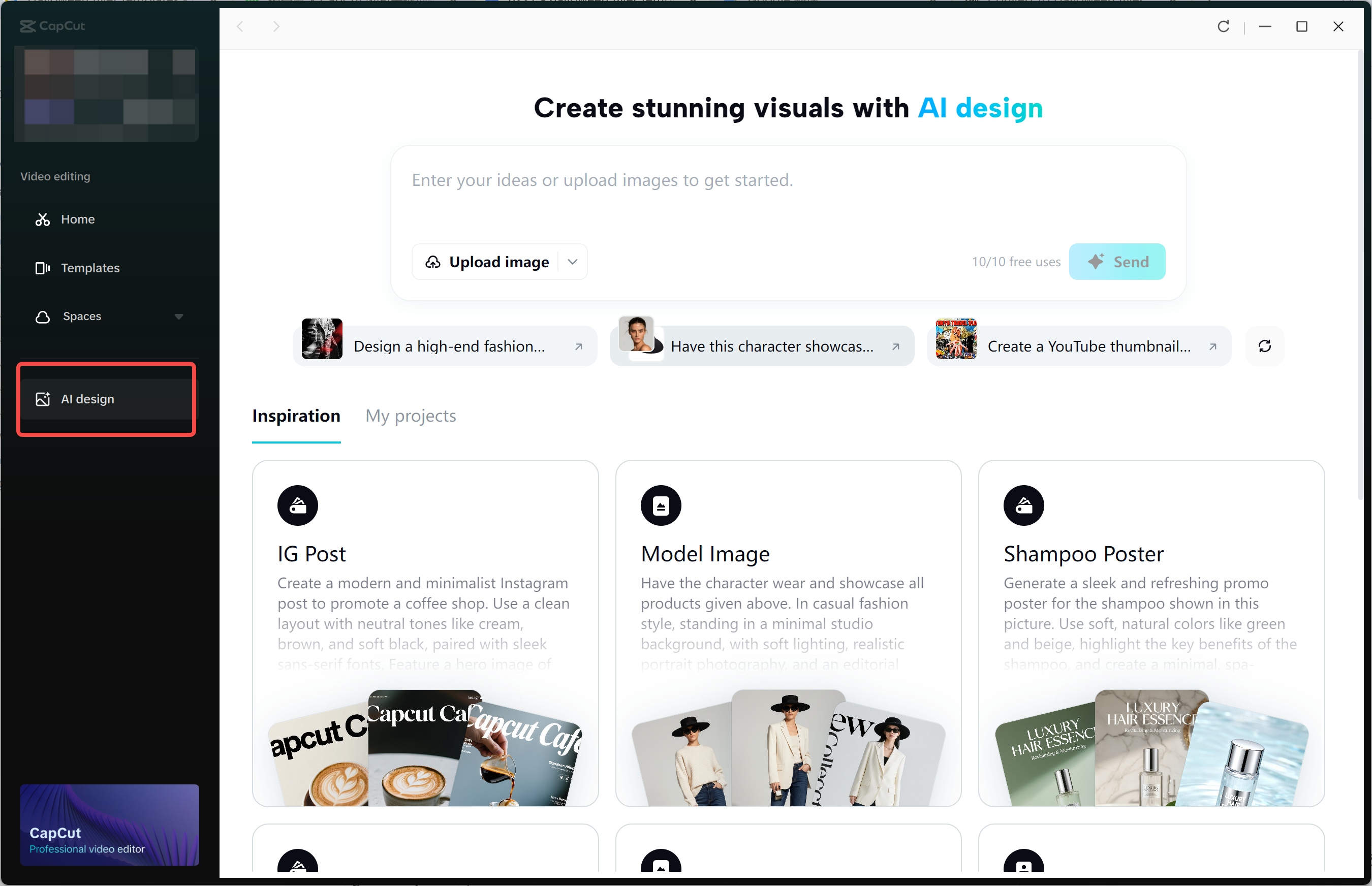 Opening the AI Design tool in the CapCut desktop video editor