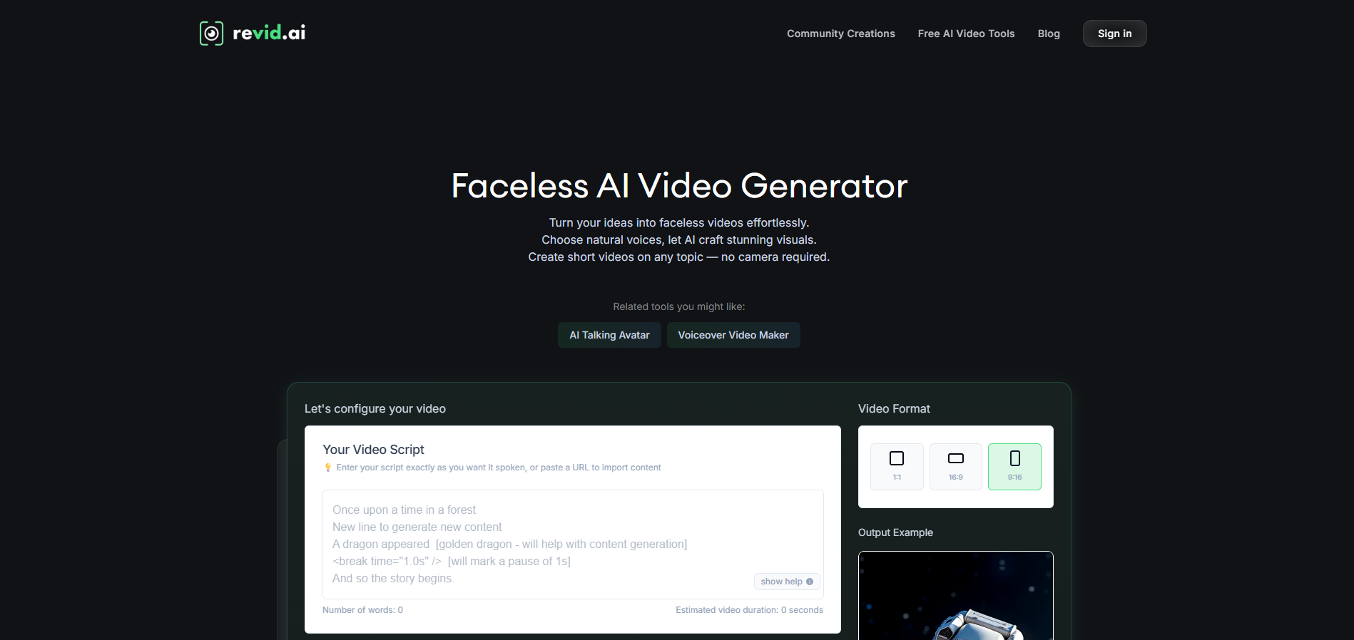 Interface de Revid - un générateur vidéo sans visage précieux
