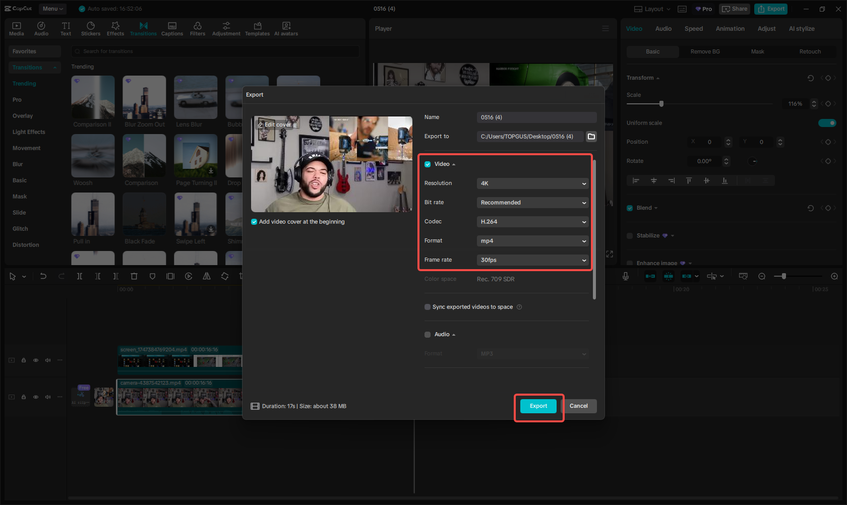 Exportieren des Reaktionsvideos in CapCut