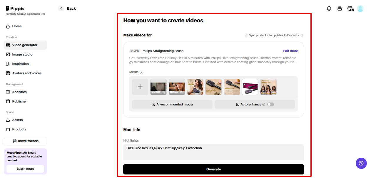 Customizing video details in Pippit