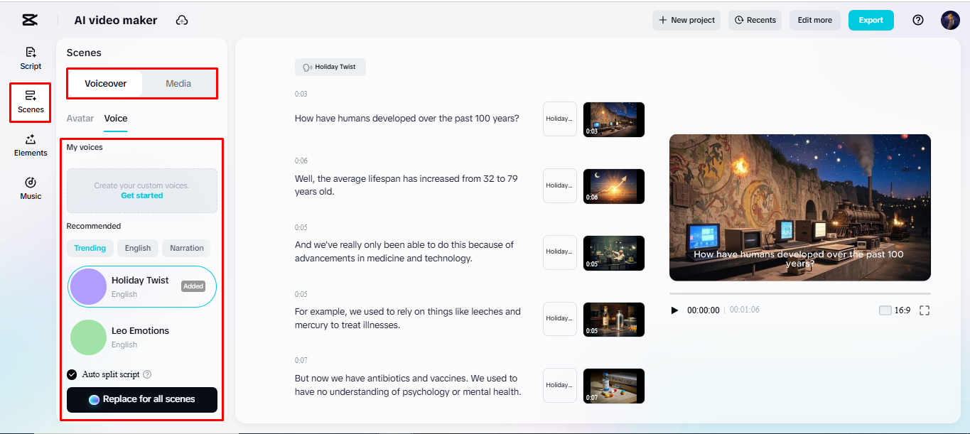 Generating a voiceover for a video in CapCut's AI video maker