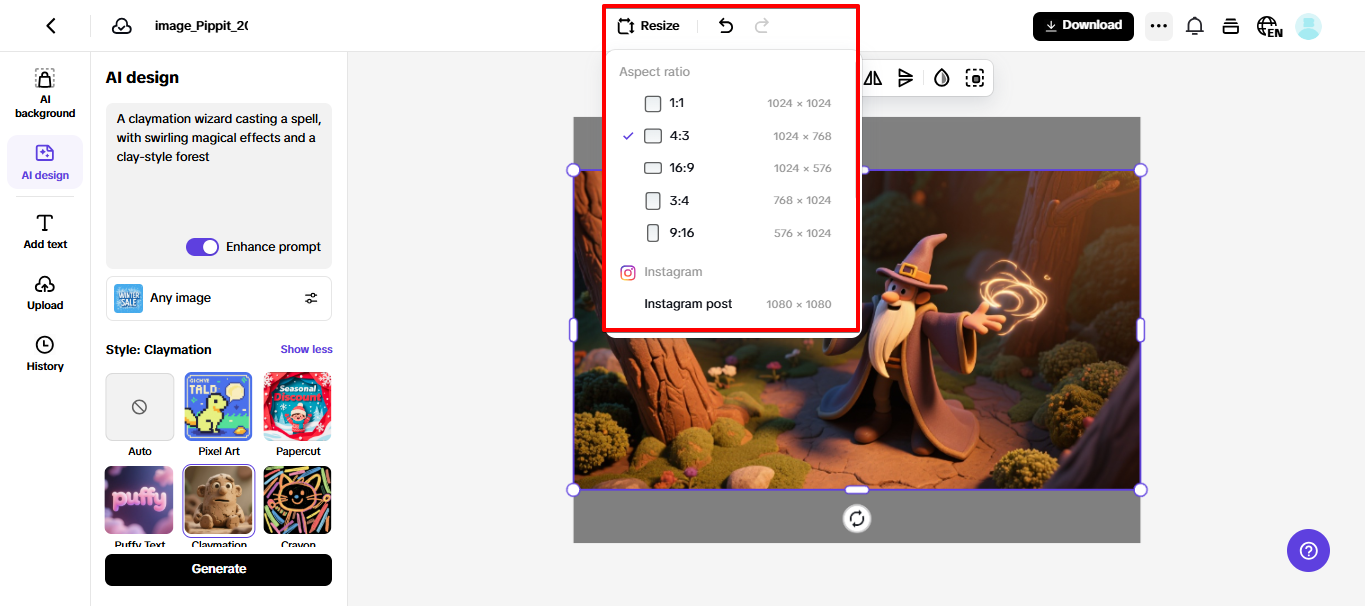 Image resize option in Pippit