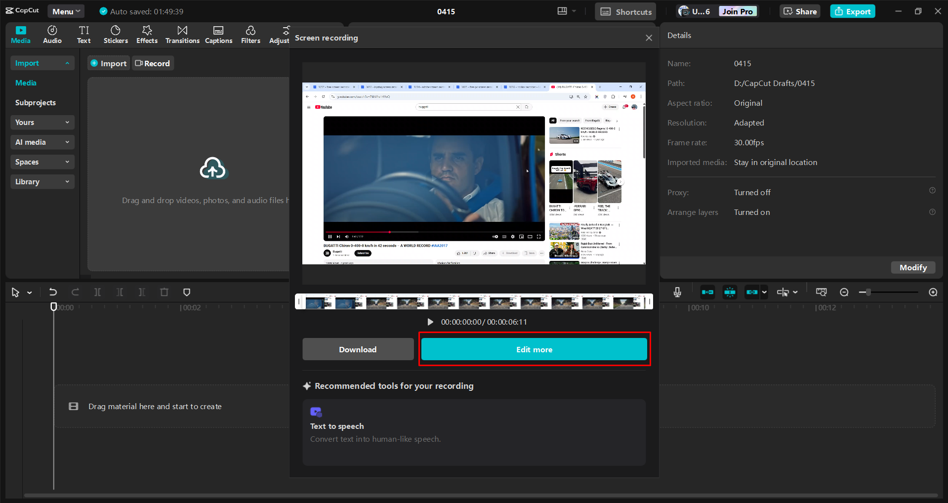 Aufnahmebildschirm mit dem CapCut Desktop-Video-Editor