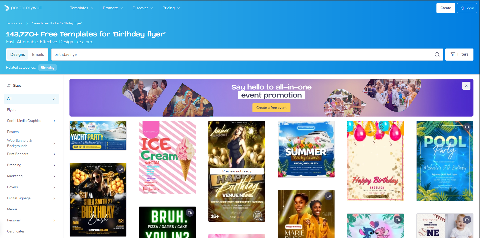 Interface of PosterMyWall - a perfect tool to get birthday flyer templates