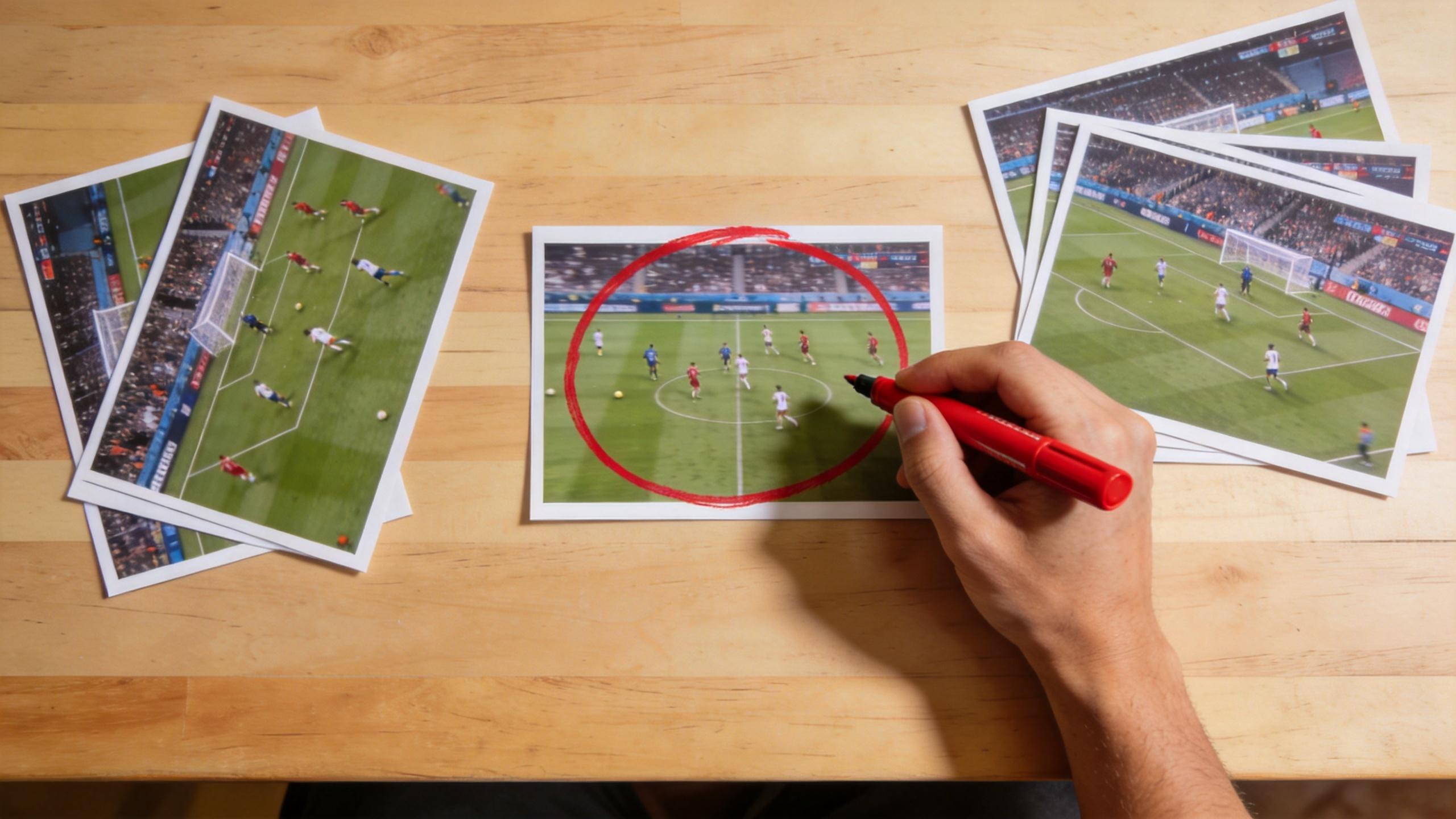 Hand circles a soccer play in red marker on a printed photo among other match photos