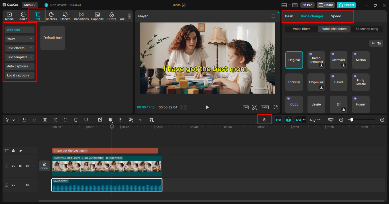 Applying the child voice changer effect in CapCut desktop video editor