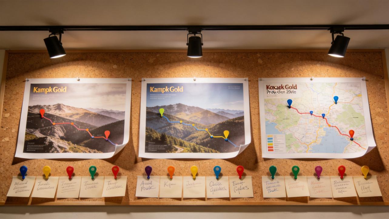Three pinned travel posters and handwritten notes on a cork board under spotlights