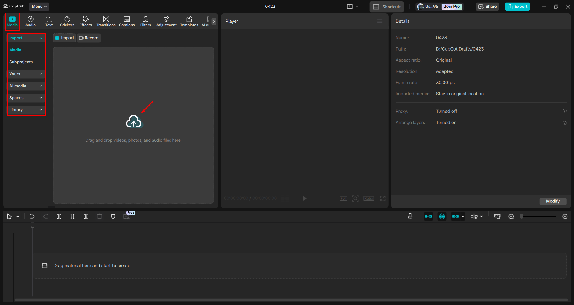 Importazione di un video nell' CapCut editor video desktop